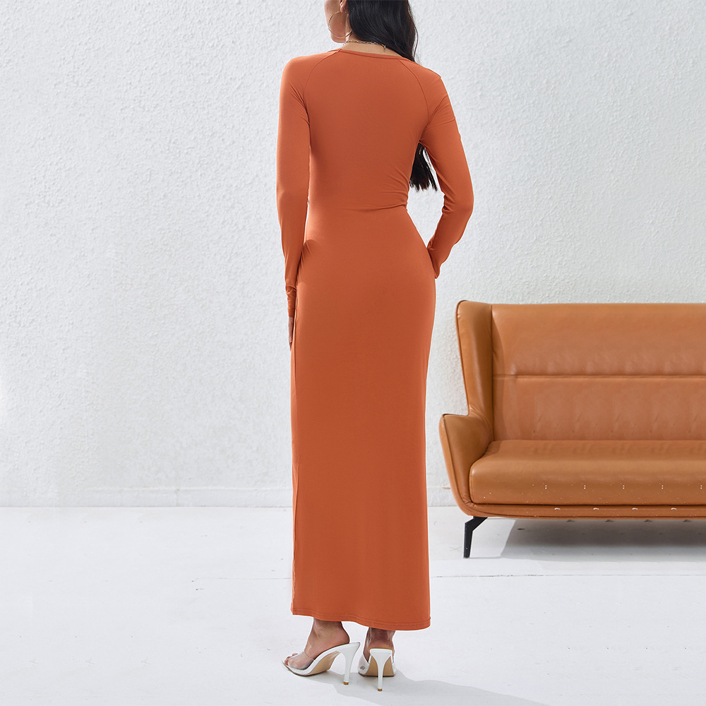Elegant Round Neck Long Sleeve Dress Winter New Mid Waist Crop Solid Color A line Long Dress for Women