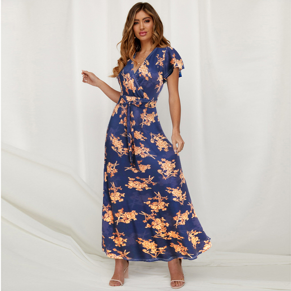 Bohemian Floral Maxi Dress V Neck Tie Detail Summer Style Perfect for Beachwear or Casual Outings Wholesale