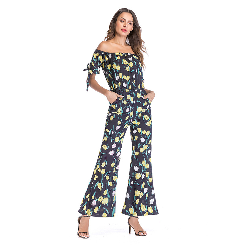 Floral Off Shoulder Short Sleeve Jumpsuit Chiffon Fabric Elegant Design Spring Summer Wear Wholesale Available