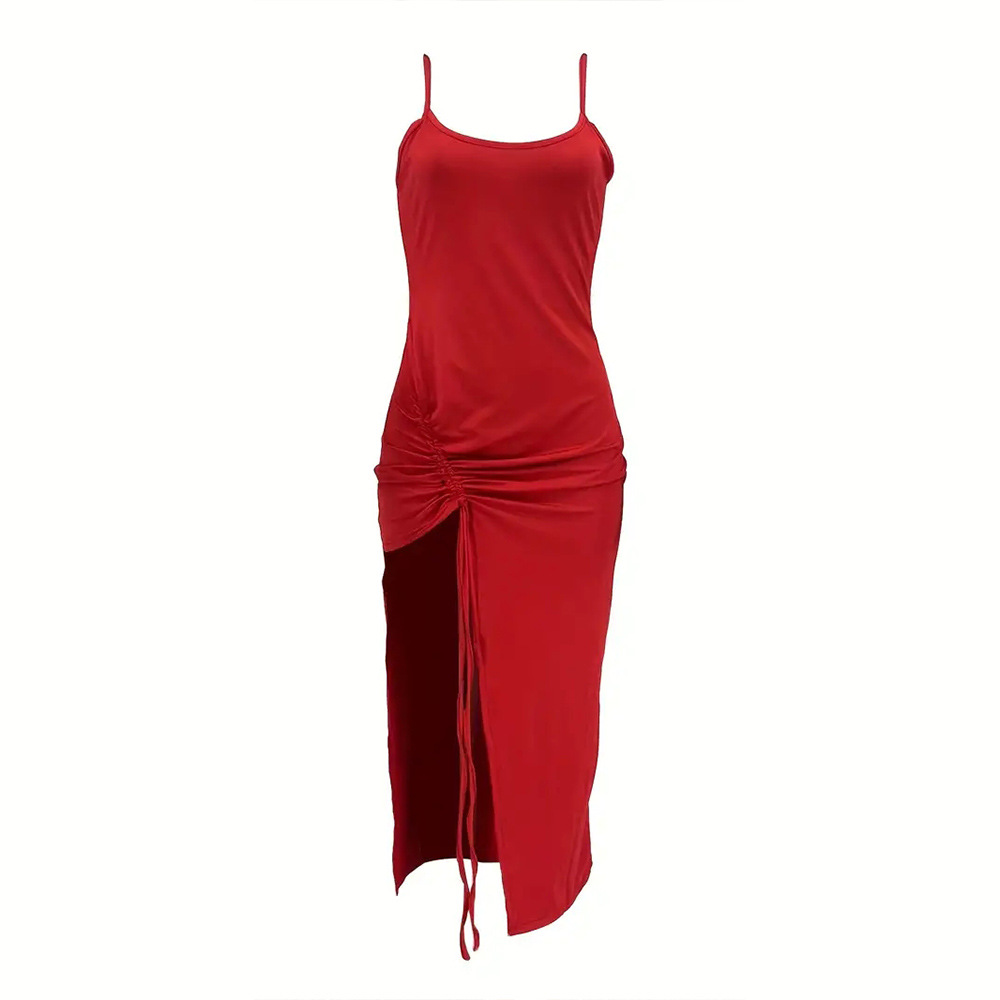 Sexy Ruched Drawstring Midi Dress with Side Slits Elegant Design Adjustable Fit Perfect for Parties Wholesale