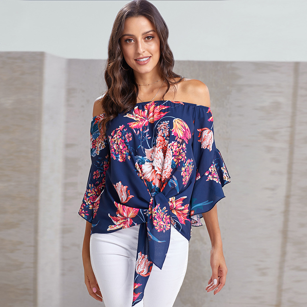 Off the Shoulder Crop Top Floral Print 3 4 Sleeve Casual Style Spring Fashion Wholesale Available