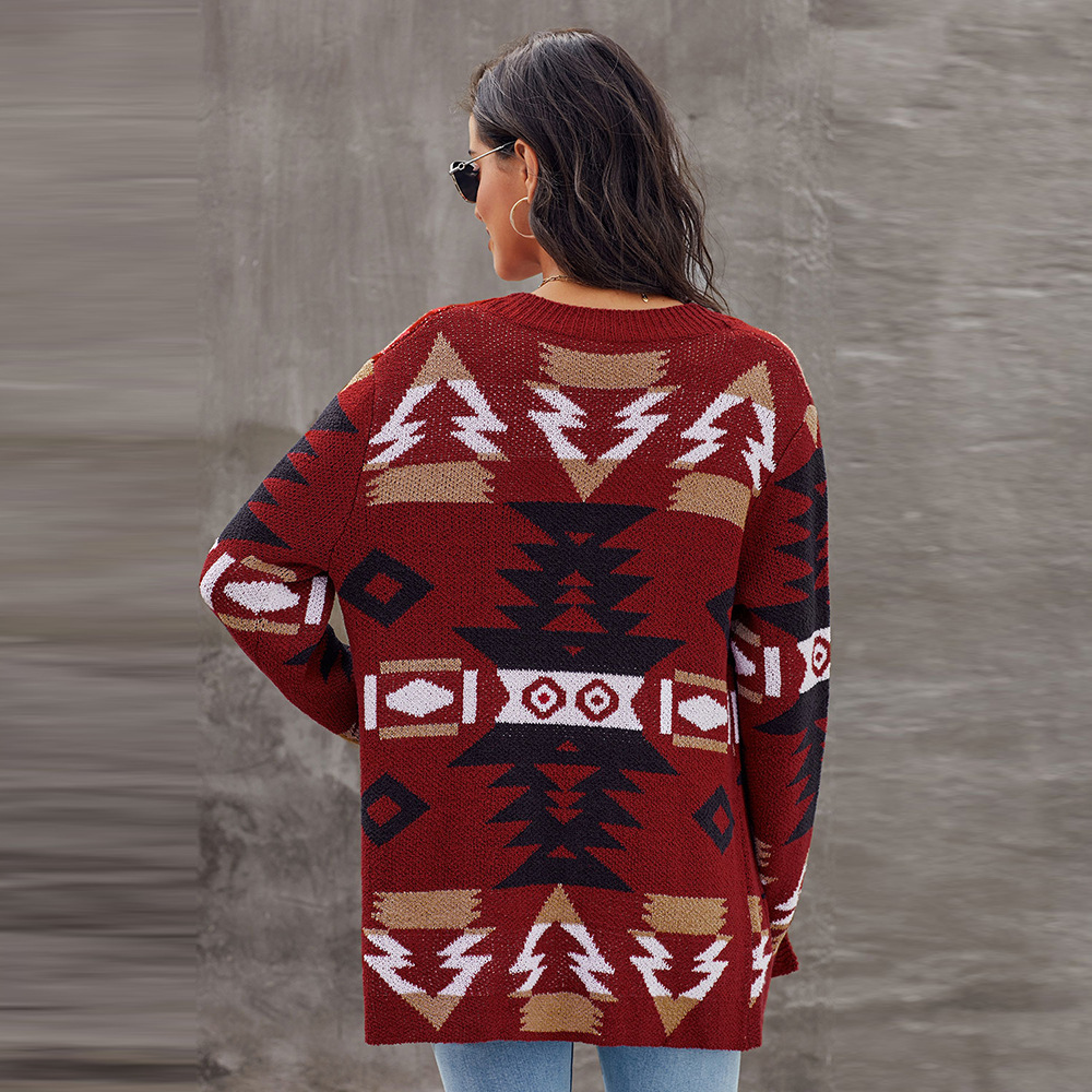 Womens Long Cardigan Sweater Winter Geometric Pattern Loose Fit Knit Fabric Wholesale Supply Available