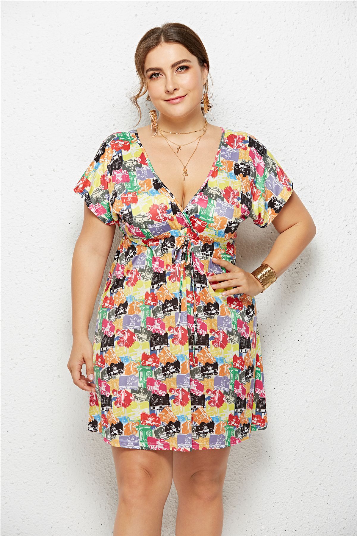 Plus Size V Neck Digital Print Dress Beachwear Vacation Style Comfortable Fit Wholesale Available
