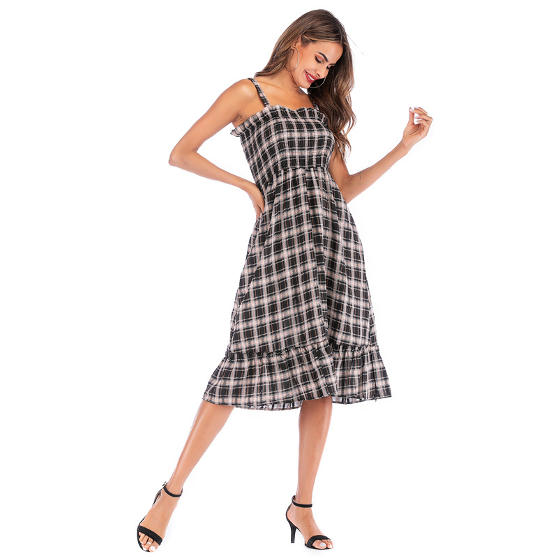 Vintage Plaid High Waisted Midi Dress for Women Ruffle Straps Summer Style Elegant Design Wholesale Available