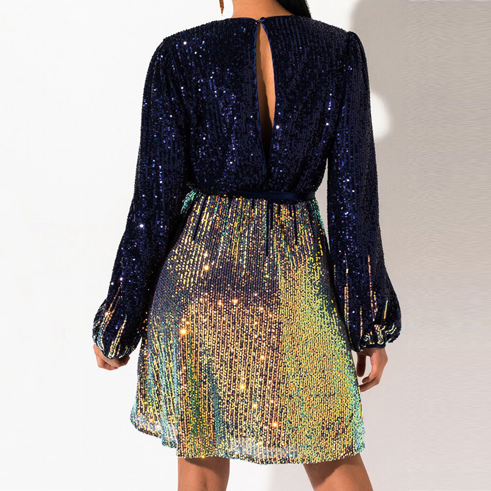 Mini Dress Color Block V Neck Tie Up Sequin Birthday Party Evening Wear Wholesale Available