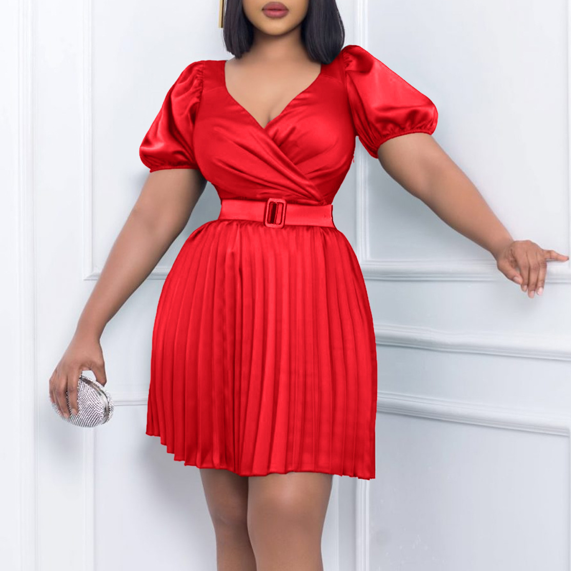 Summer New Women's Fashion V Neck Waist Defined Pleated Dress for Cross Border Style, Elegant European and American Design