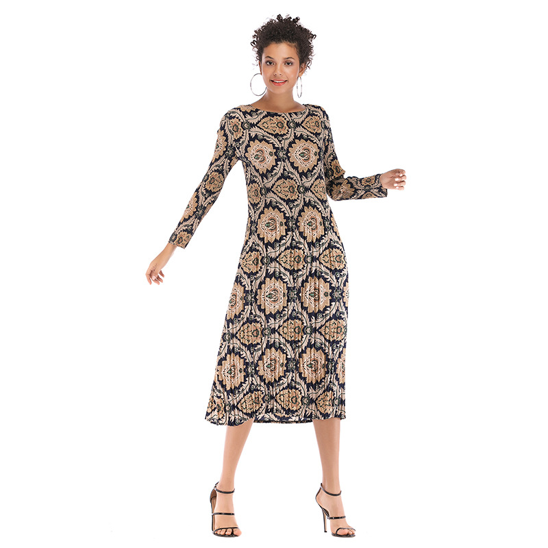 Geometric Print Chiffon Dress Long Sleeve Belted Pleated Design Perfect for Spring Summer Events Wholesale Available