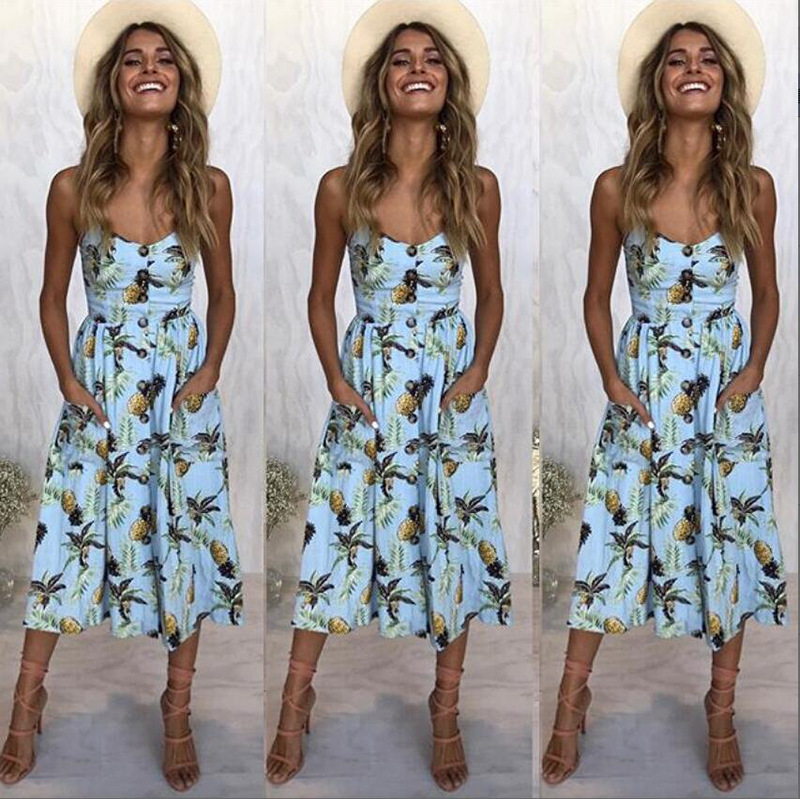 Sunflower Pineapple Print Button Back Sexy Slip Dress 36 Colors 6 Sizes Lightweight Fabric Summer Casual Wear