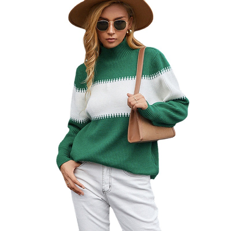 High Neck Lantern Sleeve Sweater Color Block Design Knitted Fabric Cozy Fit Autumn Winter Fashion Wholesale