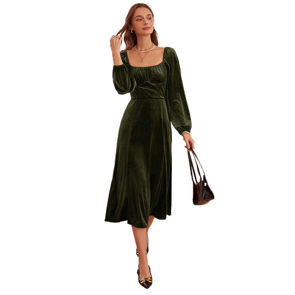 Autumn and Winter New French Retro Slim Fit Square Neck A line Dress Long Sleeve Velvet Dress