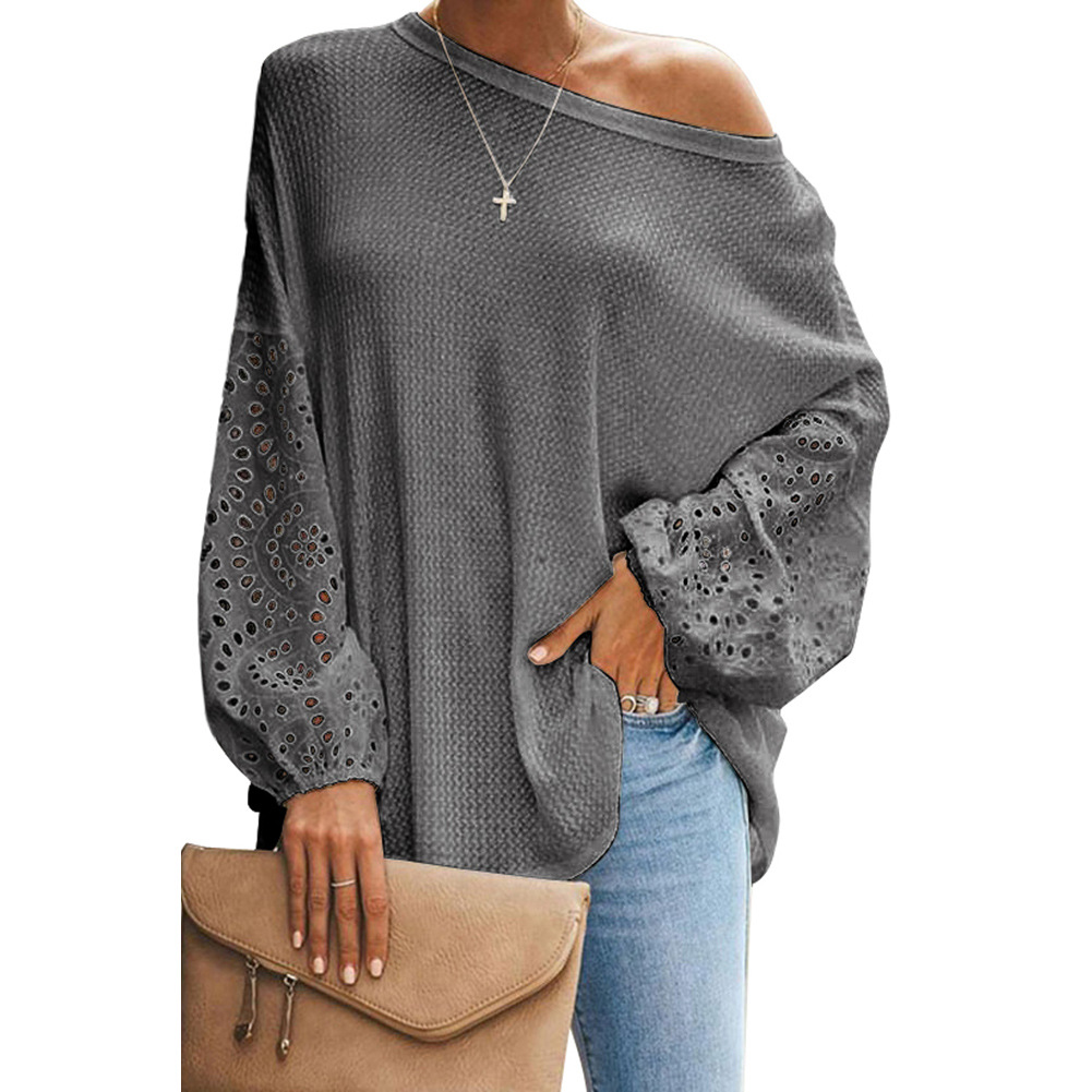 Womens Loose Fit Hollow Out Long Sleeve Top Solid Color Off Shoulder Asymmetrical Neckline Spring Summer Fashion