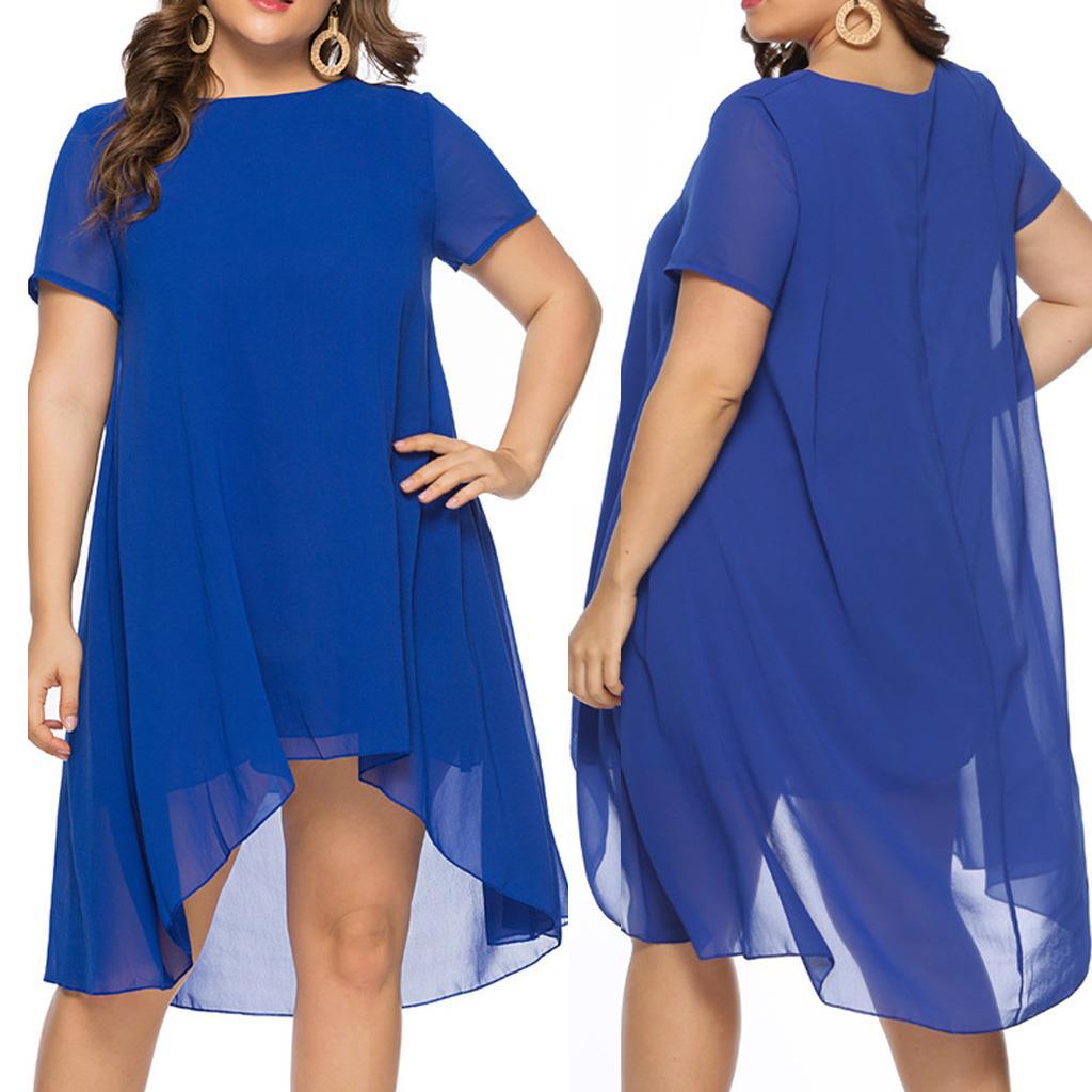 Plus Size Womens Chiffon Dress Summer Casual Round Neck Asymmetrical Hem Perfect for Parties or Everyday Wear