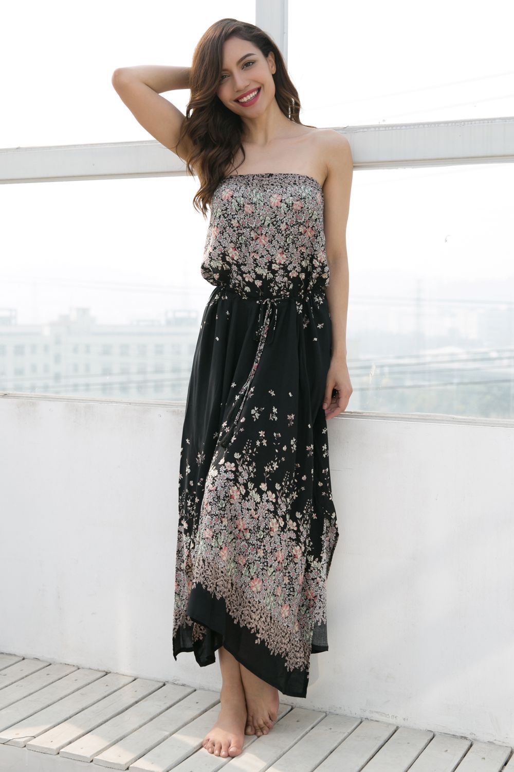 Floral Print Strapless Maxi Dress Bohemian Style Beach Vacation Lightweight Fabric Wholesale Available