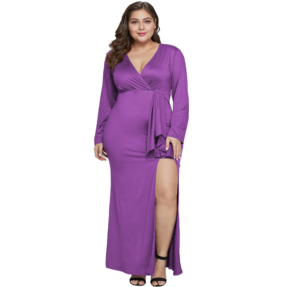 Plus Size Mini Dress Sexy V Neck Long Sleeve High Waist Ruched Hem Side Slit Evening Party Wear Wholesale