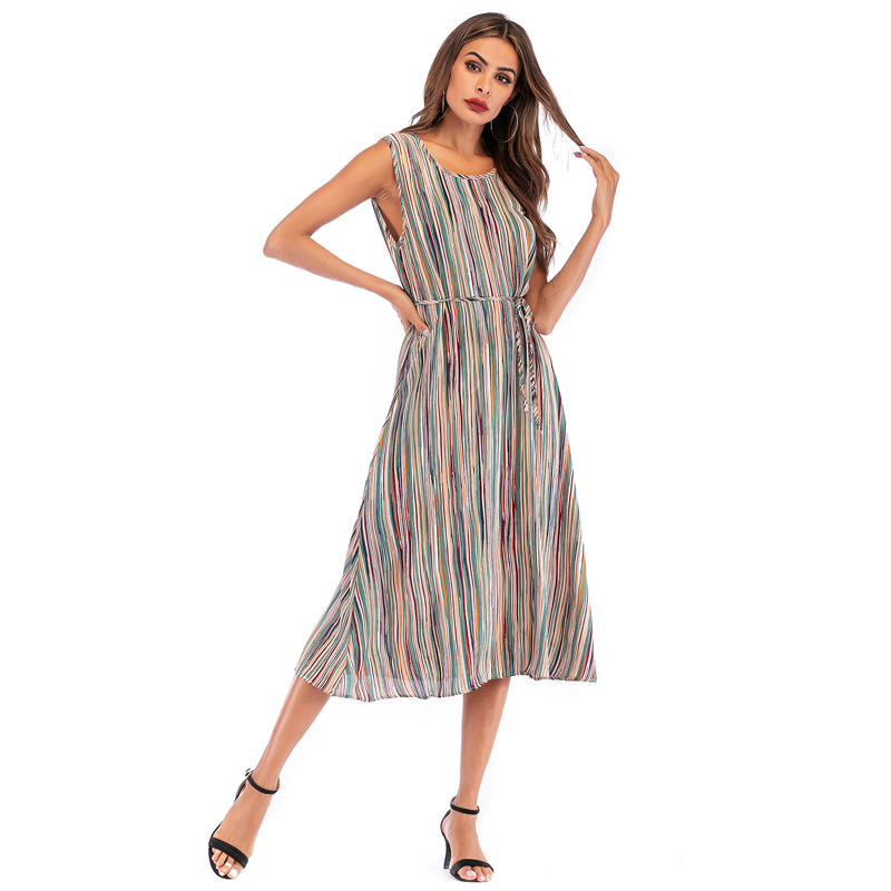 Sleeveless Round Neck Colorful Striped Print Dress Summer Fashion Casual Style Comfortable Fit Wholesale Available