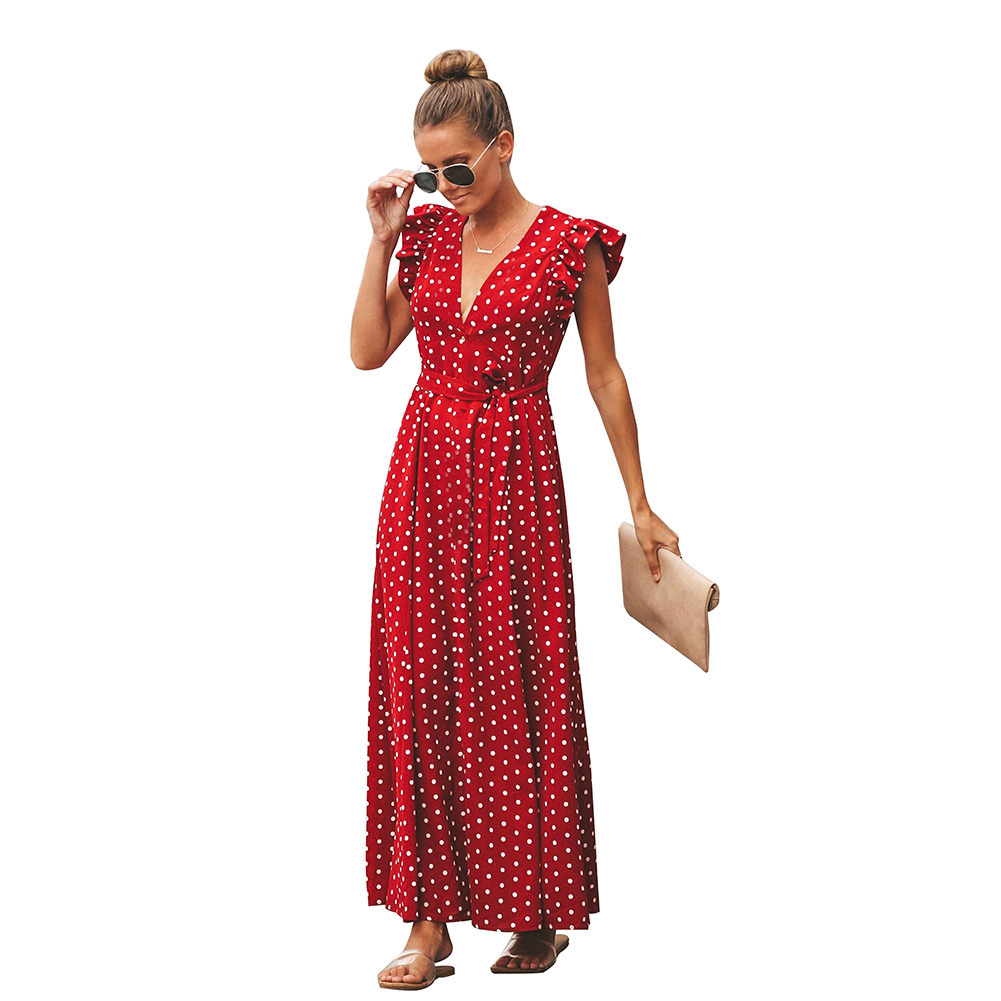 V Neck Ruffle Sleeve High Waisted Dress Polka Dot Print Elegant Style Perfect for Spring Summer Wholesale Available