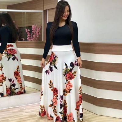 Floral Print Color Block Long Sleeve Maxi Dress Elegant Design Comfortable Fabric Perfect for Spring Summer Wholesale