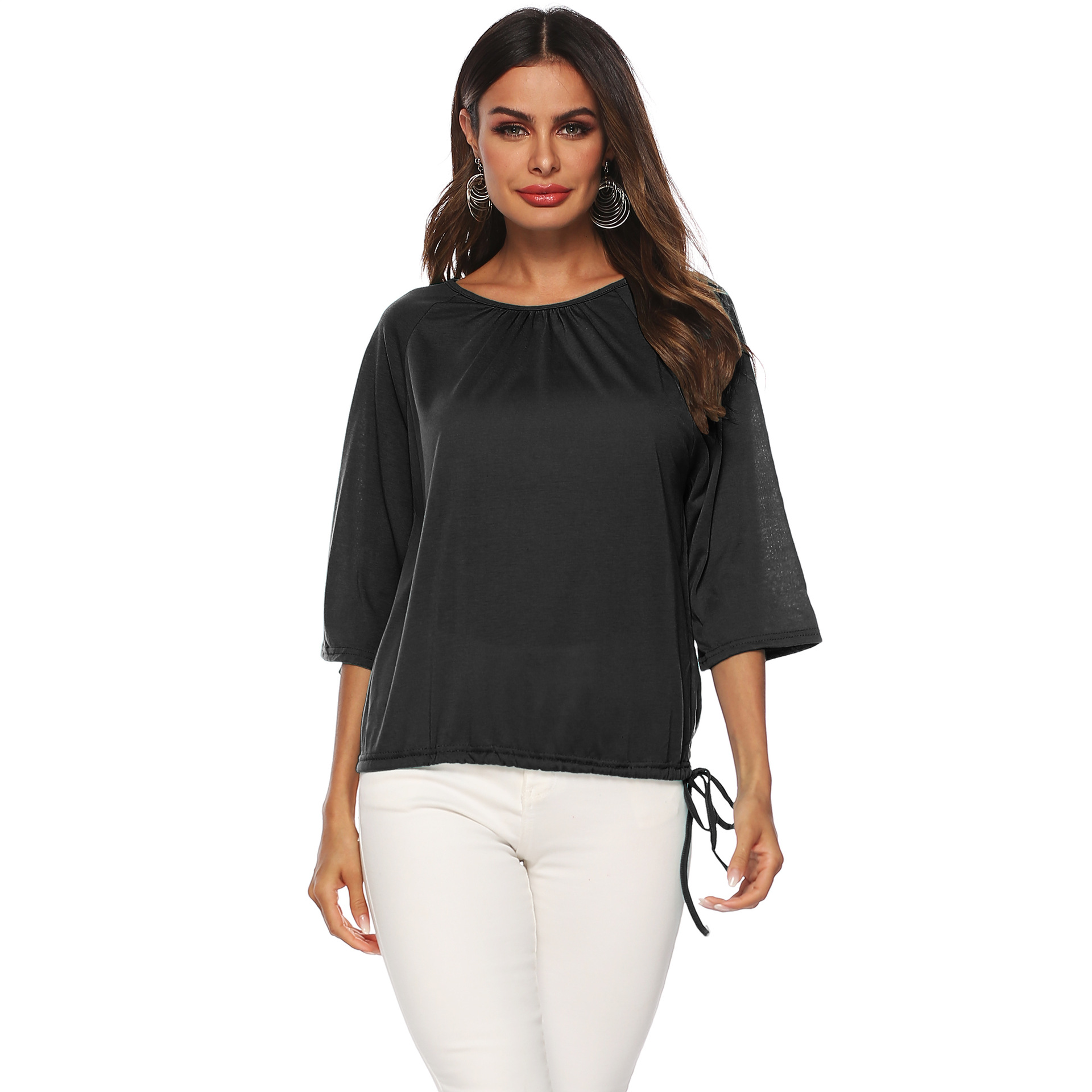 Womens Loose Fit Solid Color Round Neck T Shirt Three Quarter Sleeve Casual Wear Wholesale Available