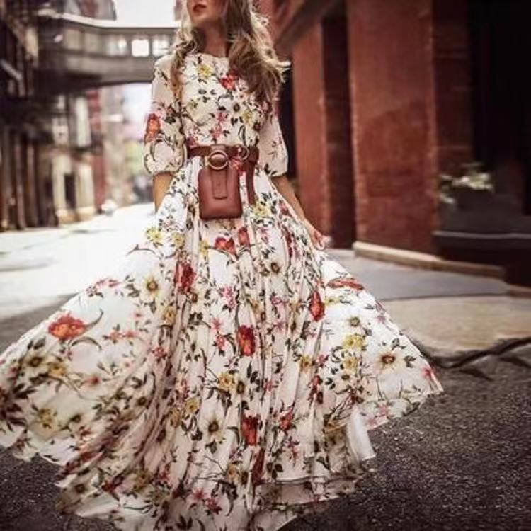 Floral Long Dress European and American Style French Commuter Vintage A Line Round Neck Floral Dress