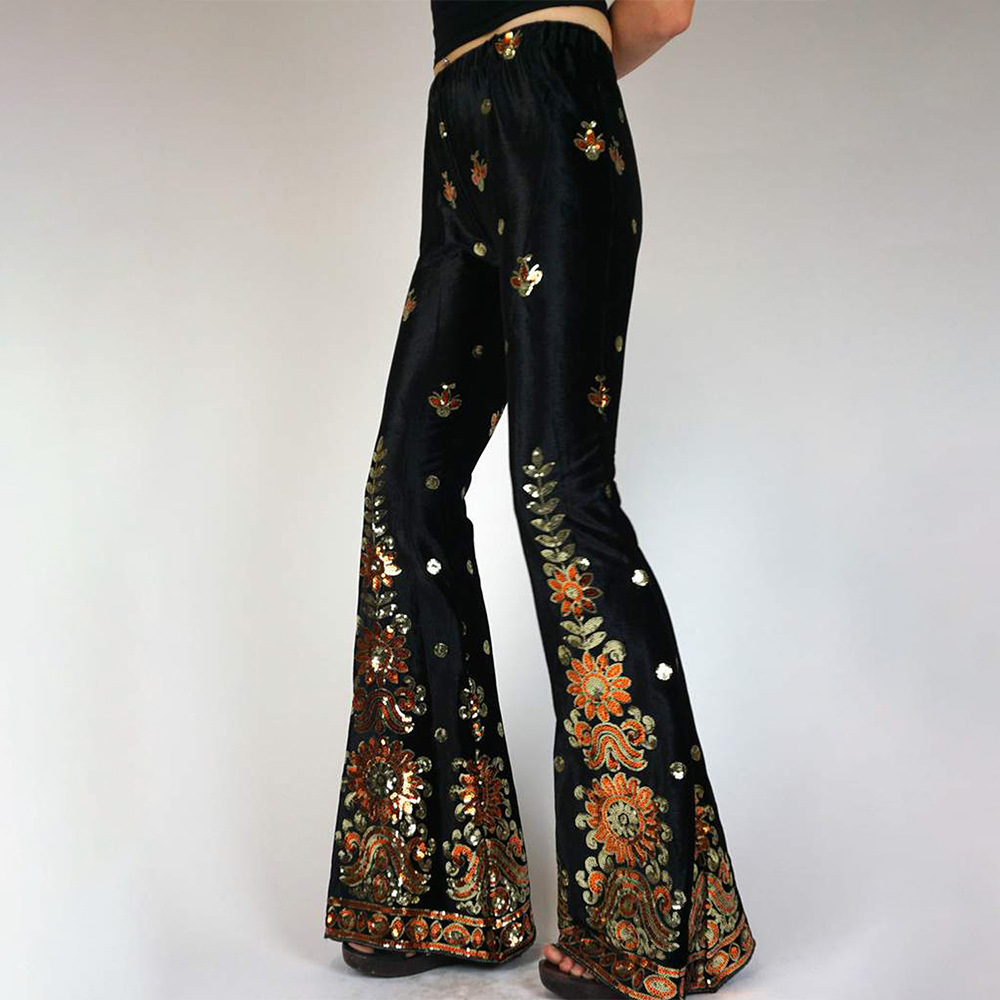 Velvet Wide Leg Pants for Women High Waist Sequin Embroidery Retro Style Perfect for Parties and Events Wholesale