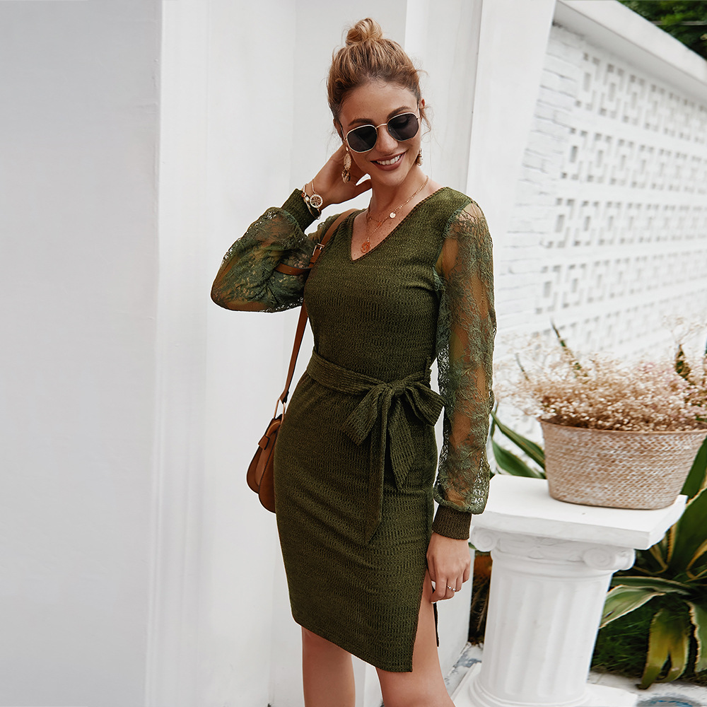 Lace Hollow Out Long Sleeve Knit Dress Elegant Design Adjustable Tie Perfect for Autumn Winter Wholesale Available