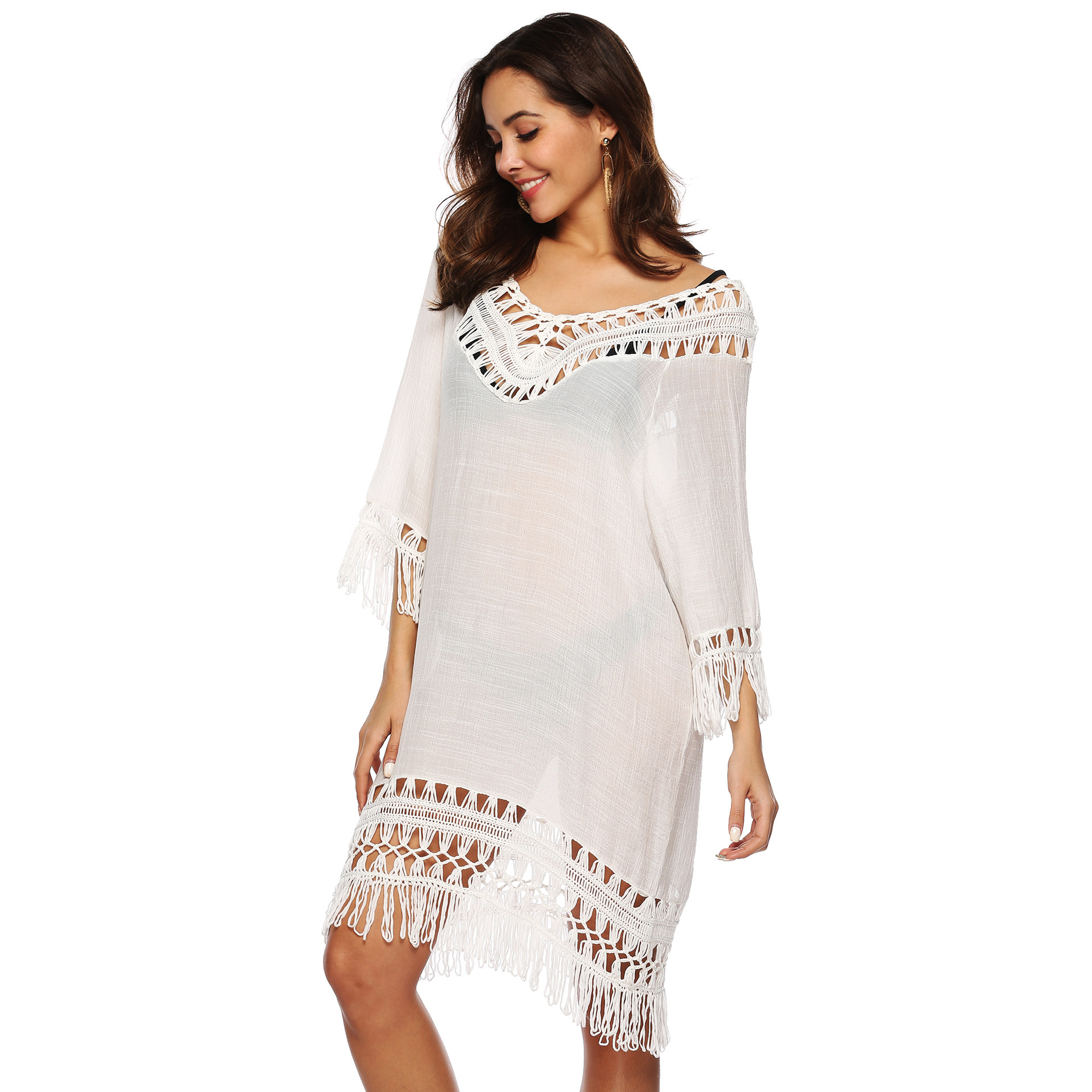 Deep V Hollow Out 3 4 Sleeve Fringe Patchwork Irregular Beach Cover Up Dress Lightweight Stylish Summer Essential
