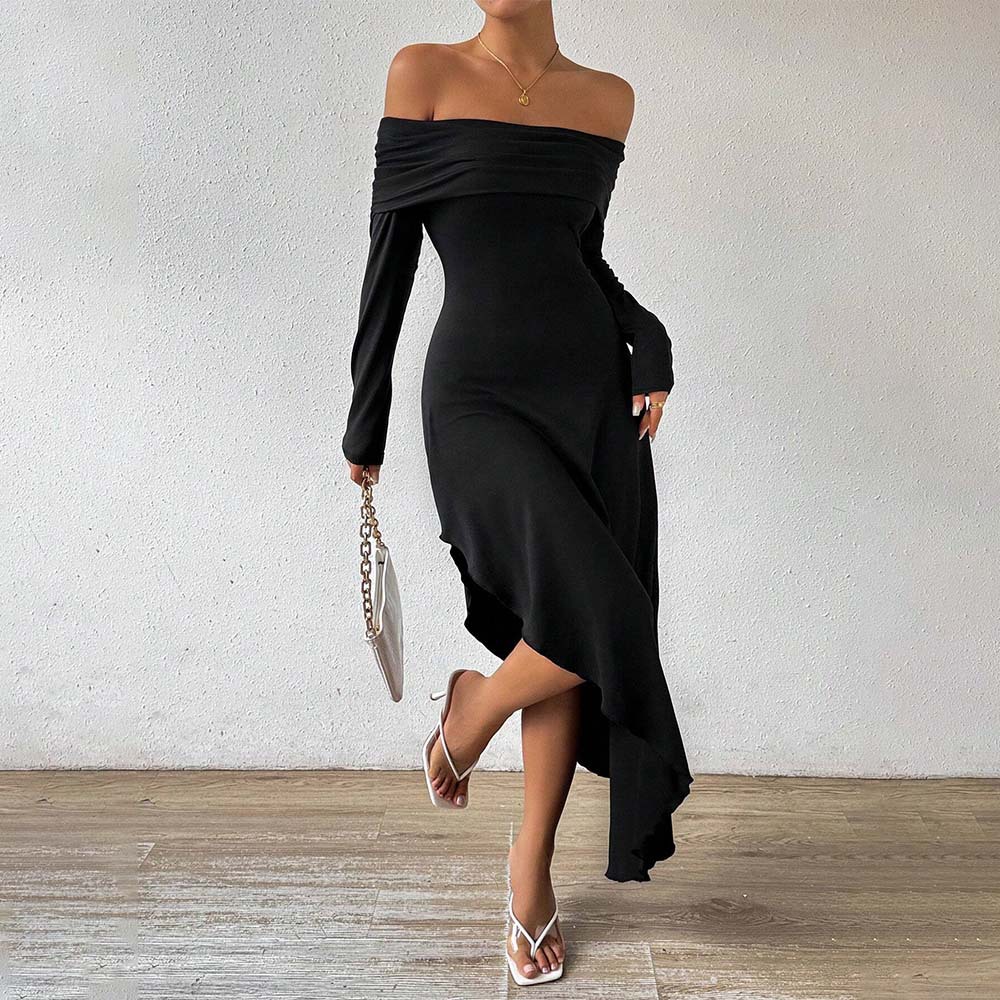 Elegant Womens Dress Off Shoulder Mid Length Autumn Winter High Class Style Wholesale Availability