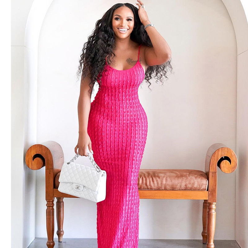 Cross border European and American style spring women's new sling backless temperament sexy solid color popcorn dress