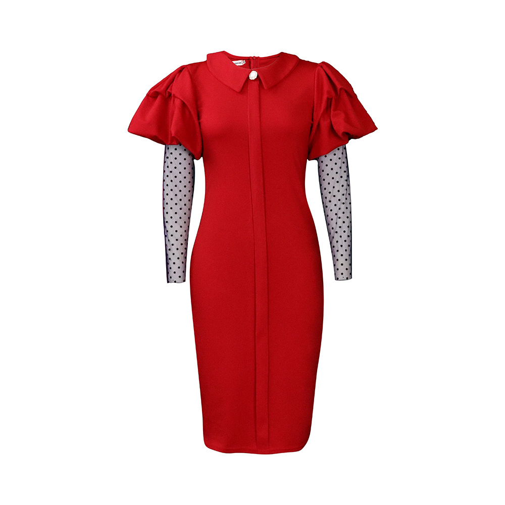 Elegant Plus Size Women's Dress with Mesh and Pleated Design for Office Wear, Autumn and Winter Fashion, Casual Chic Style