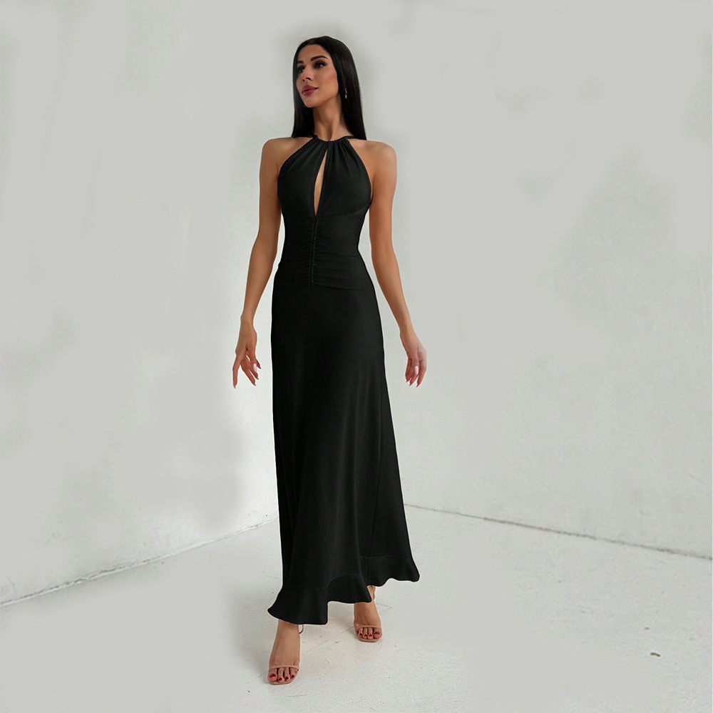 V neck Sleeveless Halter Dress Summer New Elegant Style Long Dress for Women