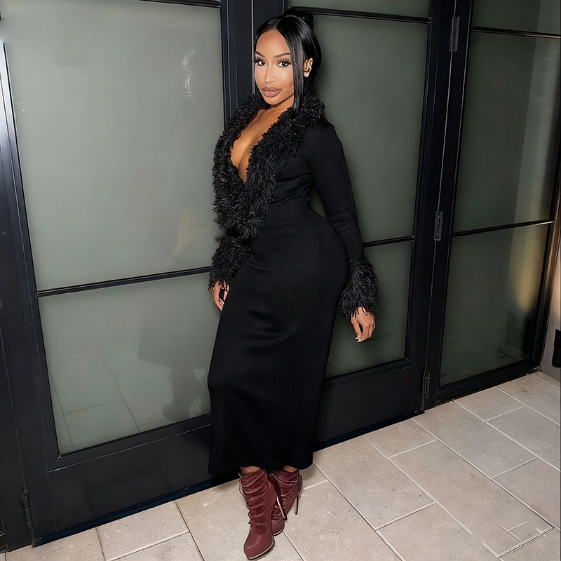 European and American Cross border Autumn and Winter New Women's Fringed Long Sleeve Sexy Deep V neck Solid Color Knitted Bodycon Dress