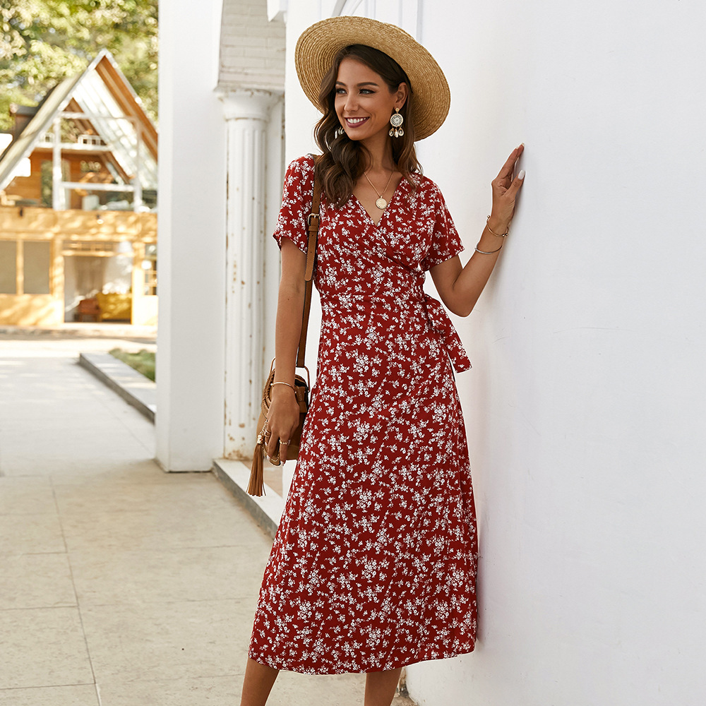 Floral Print Short Sleeve Dress Slim Fit Lightweight Fabric Spring Summer Style Wholesale Available