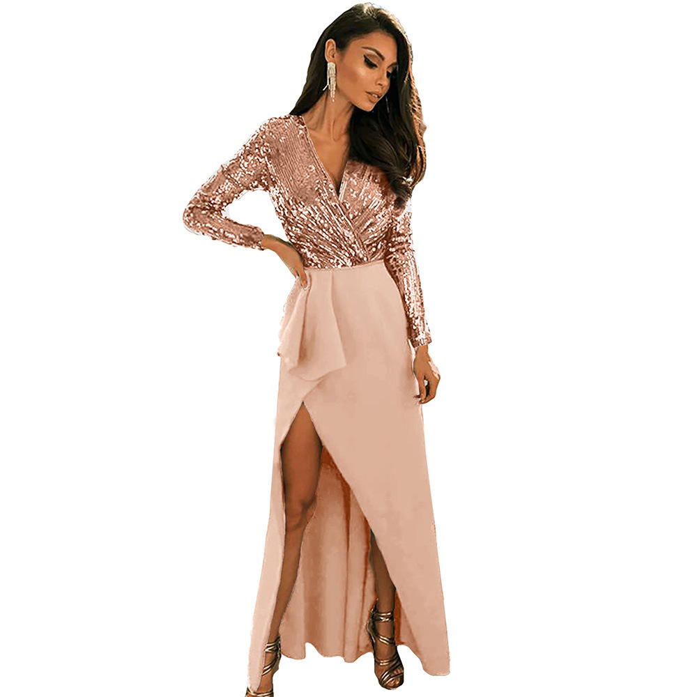 V Neck Long Sleeve Sequin Evening Dress Elegant Split Design Perfect for Parties and Gatherings Wholesale Available