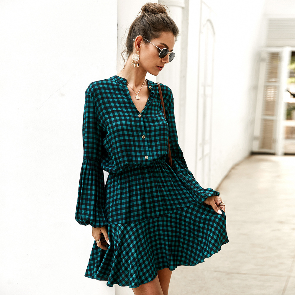 Designer Checkered Midi Dress Elegant Long Sleeve Spring Summer Style Perfect for Office Wear Wholesale Available