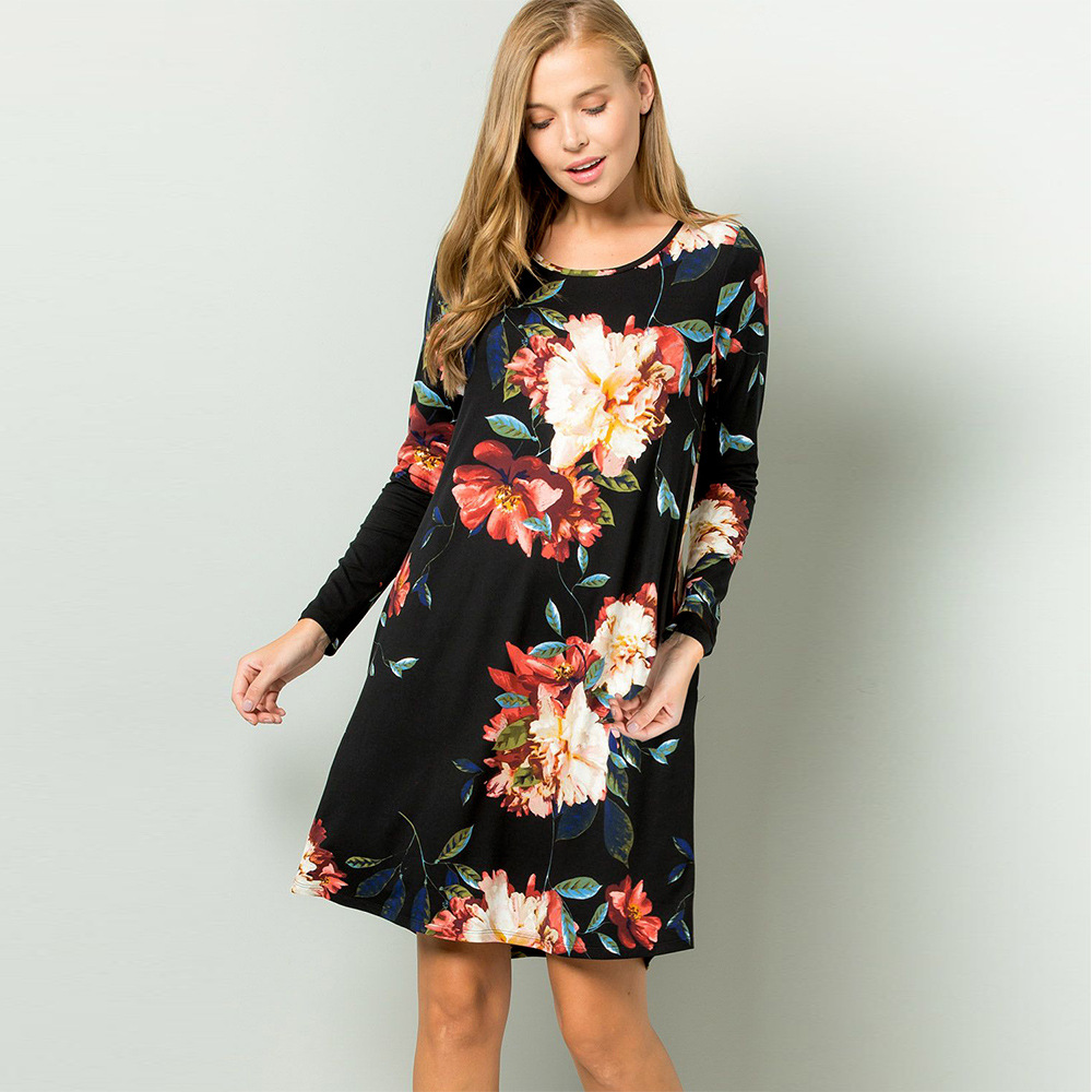 Womens Floral Print Long Sleeve Dress Round Neck Short Skirt Autumn Winter Fashion Wholesale Available