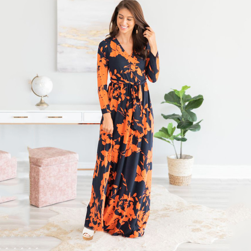 Spring Womens Long Dress V Neck Mid Waist Floral Print Long Sleeve Casual or Formal Wear Wholesale Available