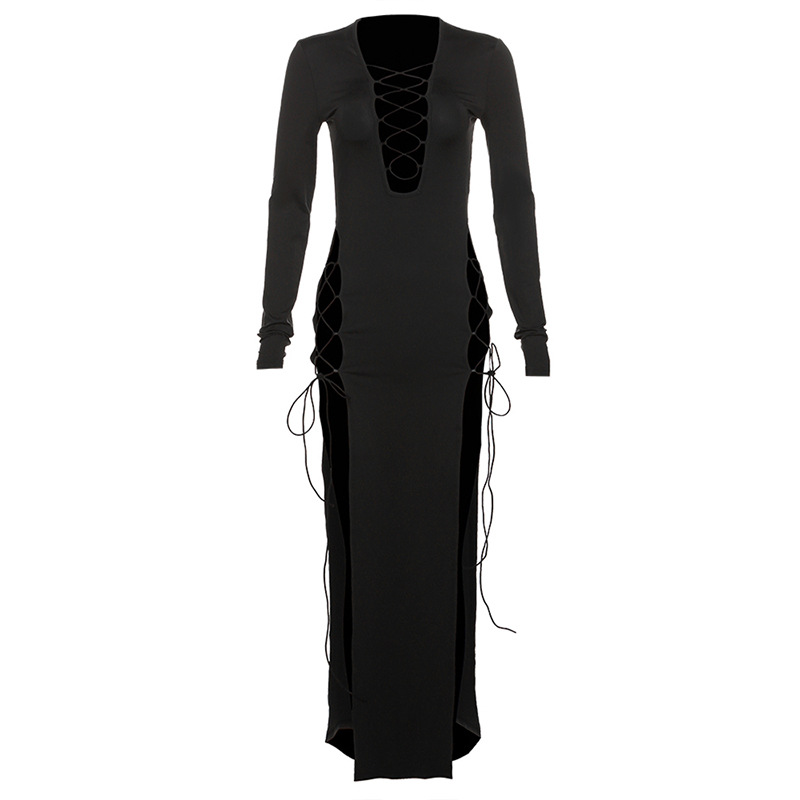 Spring New Arrival Women's Sexy Deep V Neck Tie High Slit Solid Color Slim Long Dress for Fashionable Casual Wear