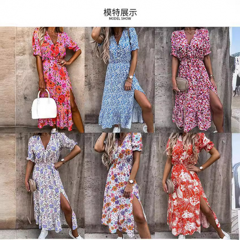 Fashion Floral Deep V Neck Short Sleeve Dress Slim Fit Side Split Street Style Perfect for Summer Events Wholesale