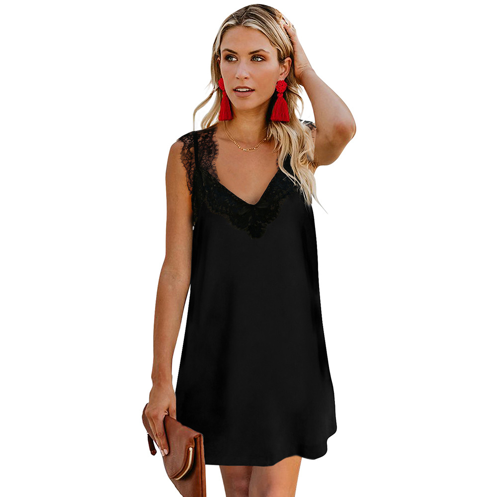 Lace Loose Knee Length Dress V Neck Sleeveless Mini Style Casual Summer Wear Wholesale Available