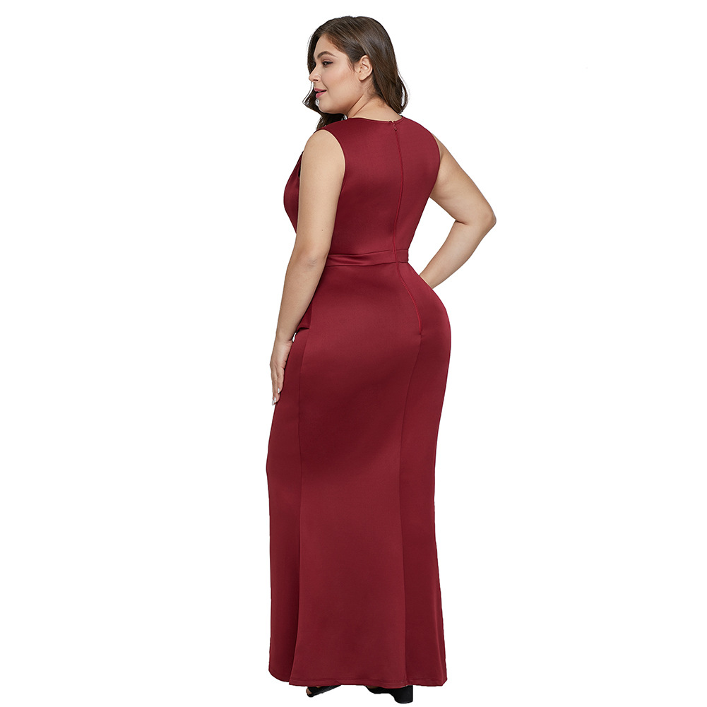 Plus Size Sleeveless V Neck Maxi Dress High Waist Asymmetrical Ruffle Hem Side Slit Elegant Evening Wear OEM
