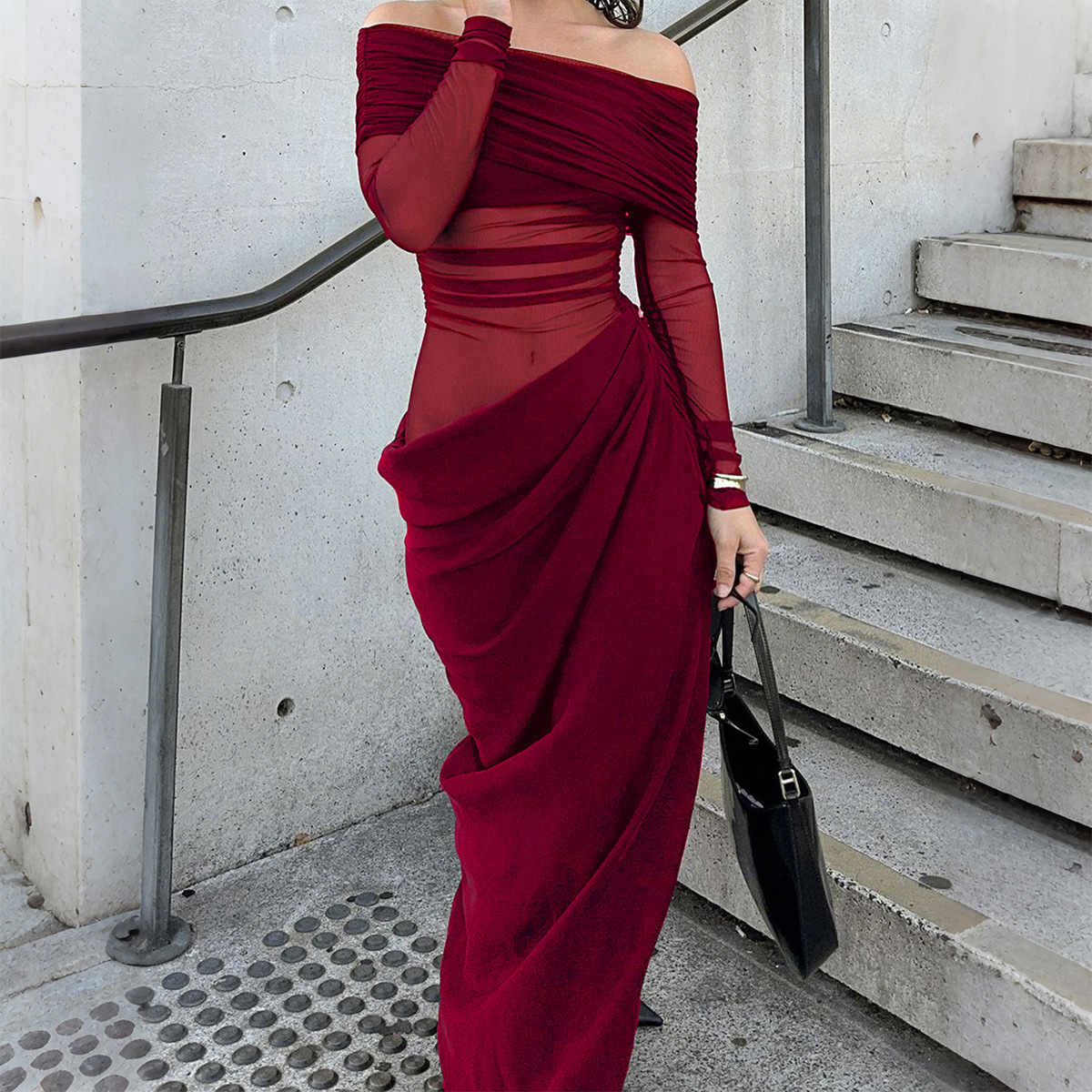 Elegant Off Shoulder Long Sleeve Mesh Maxi Dress for Women Autumn Winter