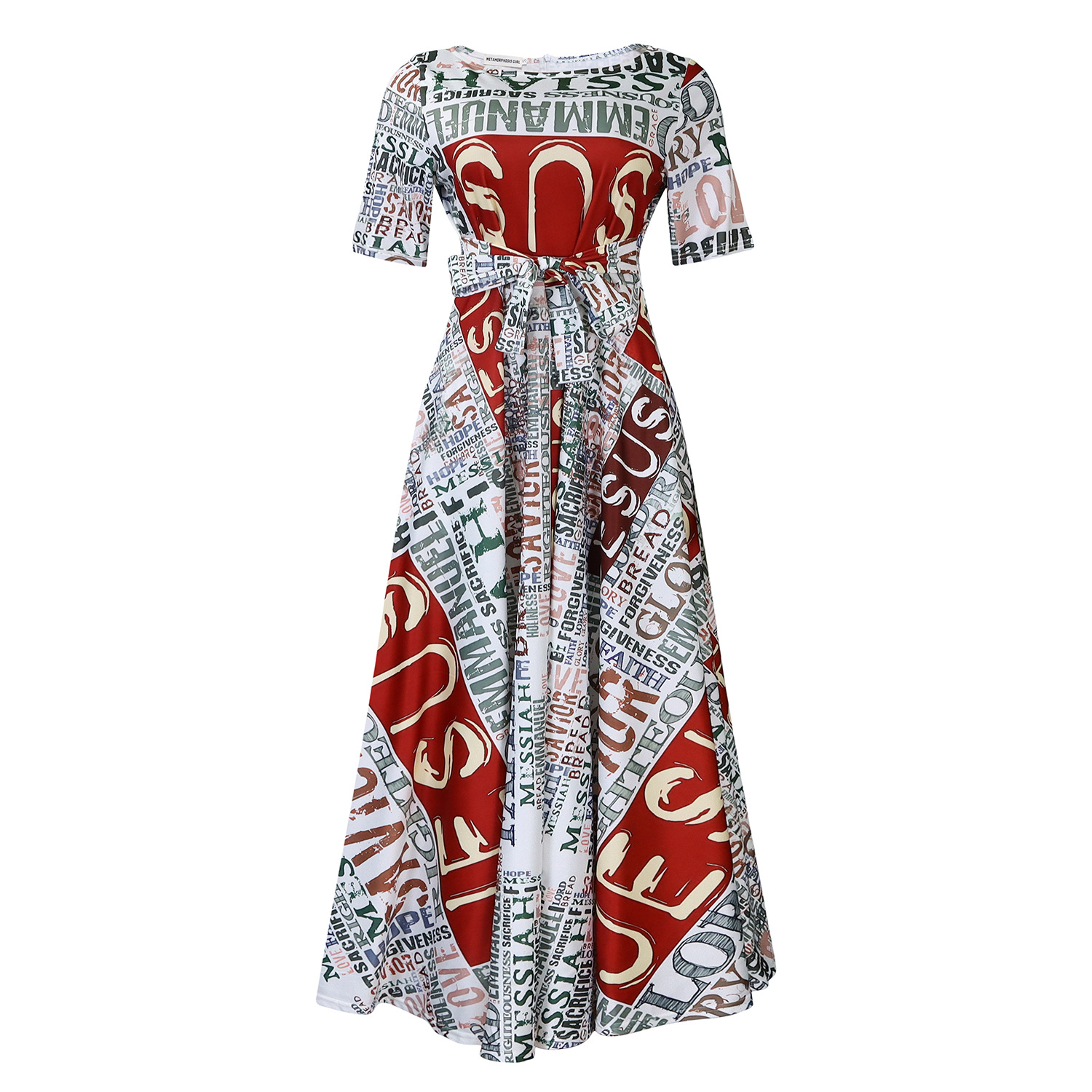 Fashionable Plus Size Short Sleeve A Line Dress with Tie for Women, Trendy African Style, Perfect for Cross Border Trade