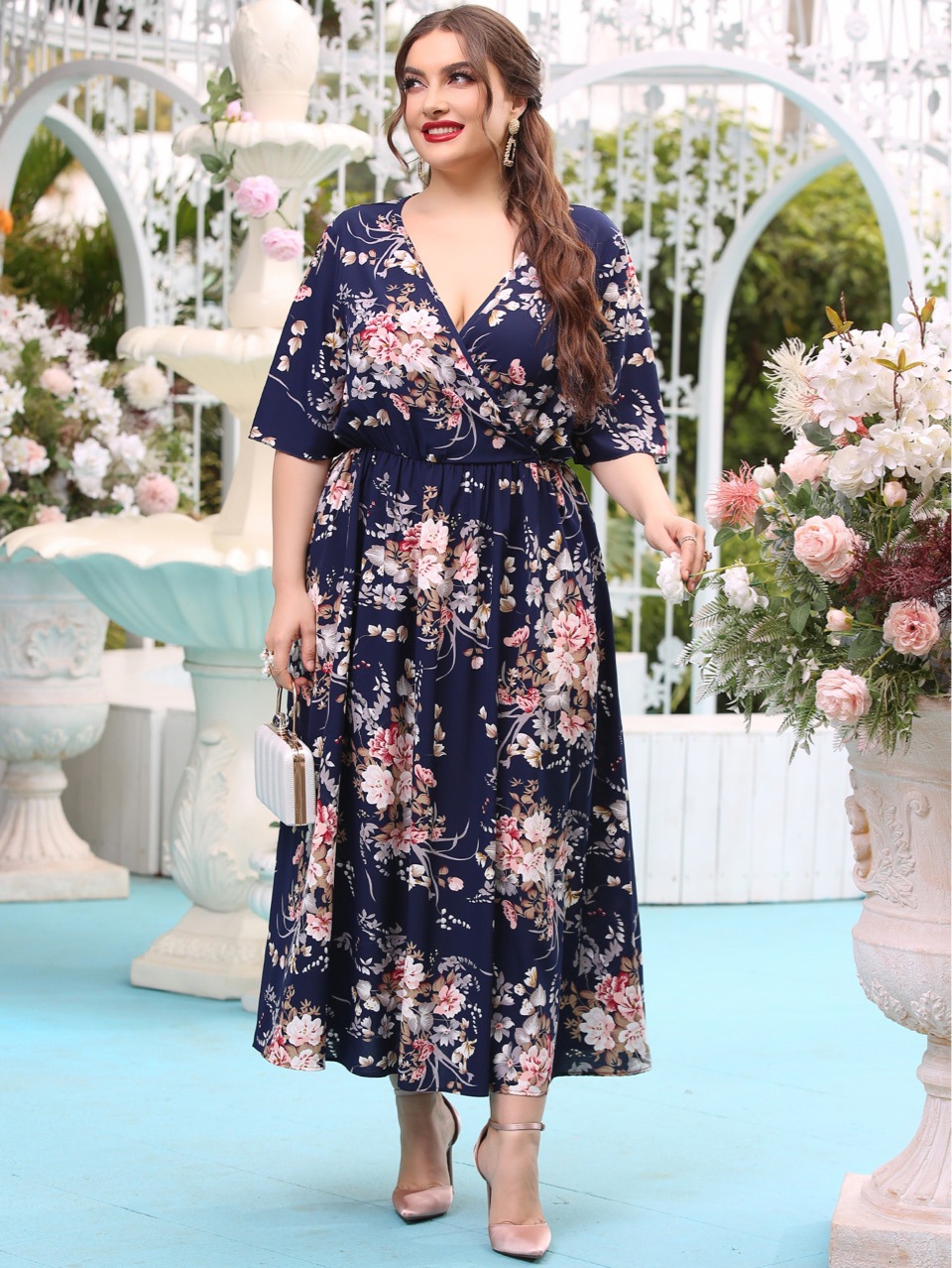Plus Size Long Sleeve Maxi Dress Navy Blue Elastic Waist Floral Print Casual Wear for Summer Ready to Ship