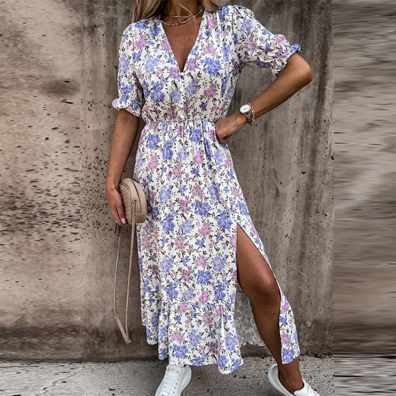 Fashion Floral Deep V Neck Short Sleeve Dress Slim Fit Side Split Street Style Perfect for Summer Events Wholesale