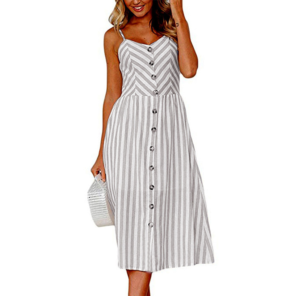 Casual Summer Dress Colorful Striped Backless Button Detail Womens Fashion for Parties or Everyday Wear Wholesale