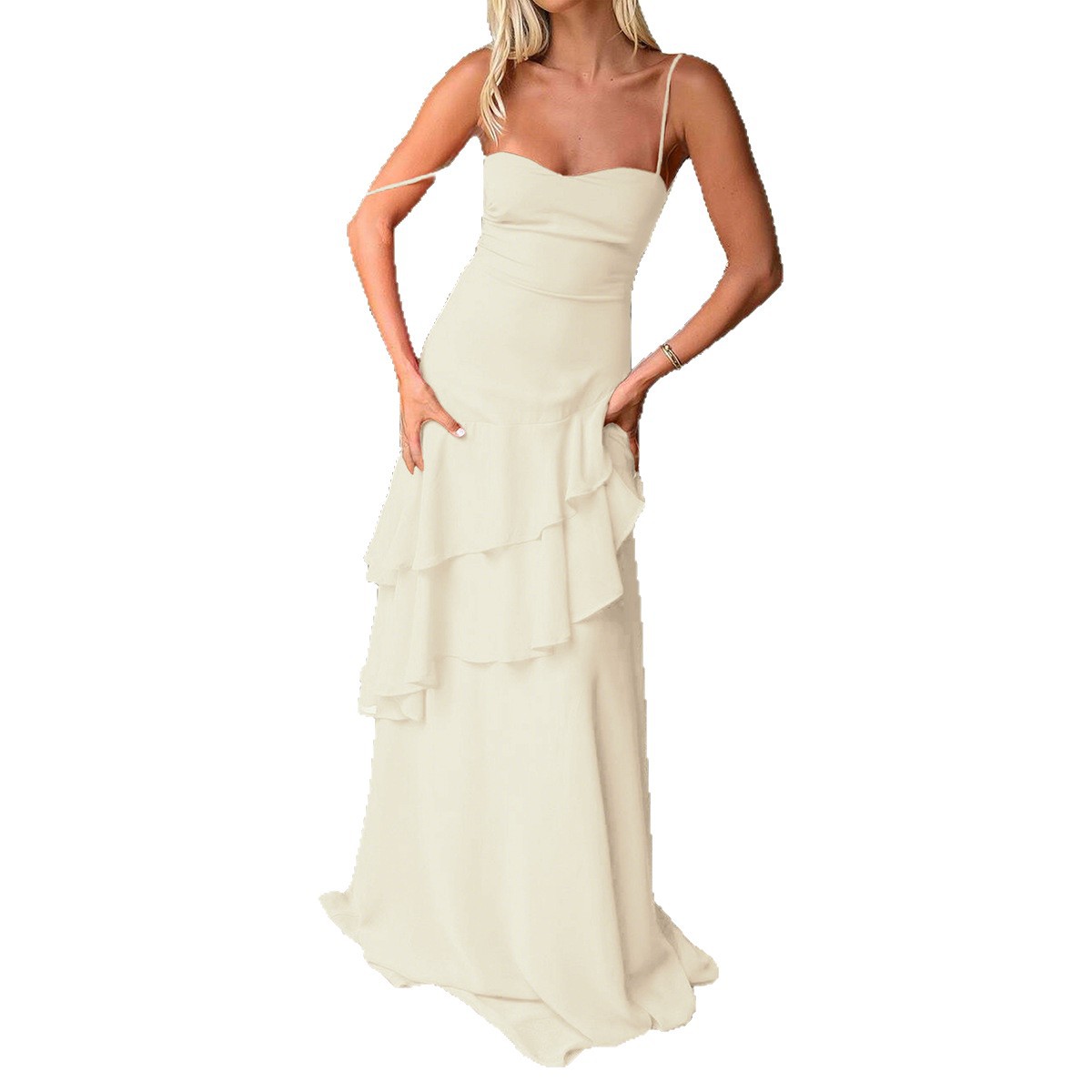 Elegant European and American Style Lace Trim Spaghetti Strap Dress for Women Autumn