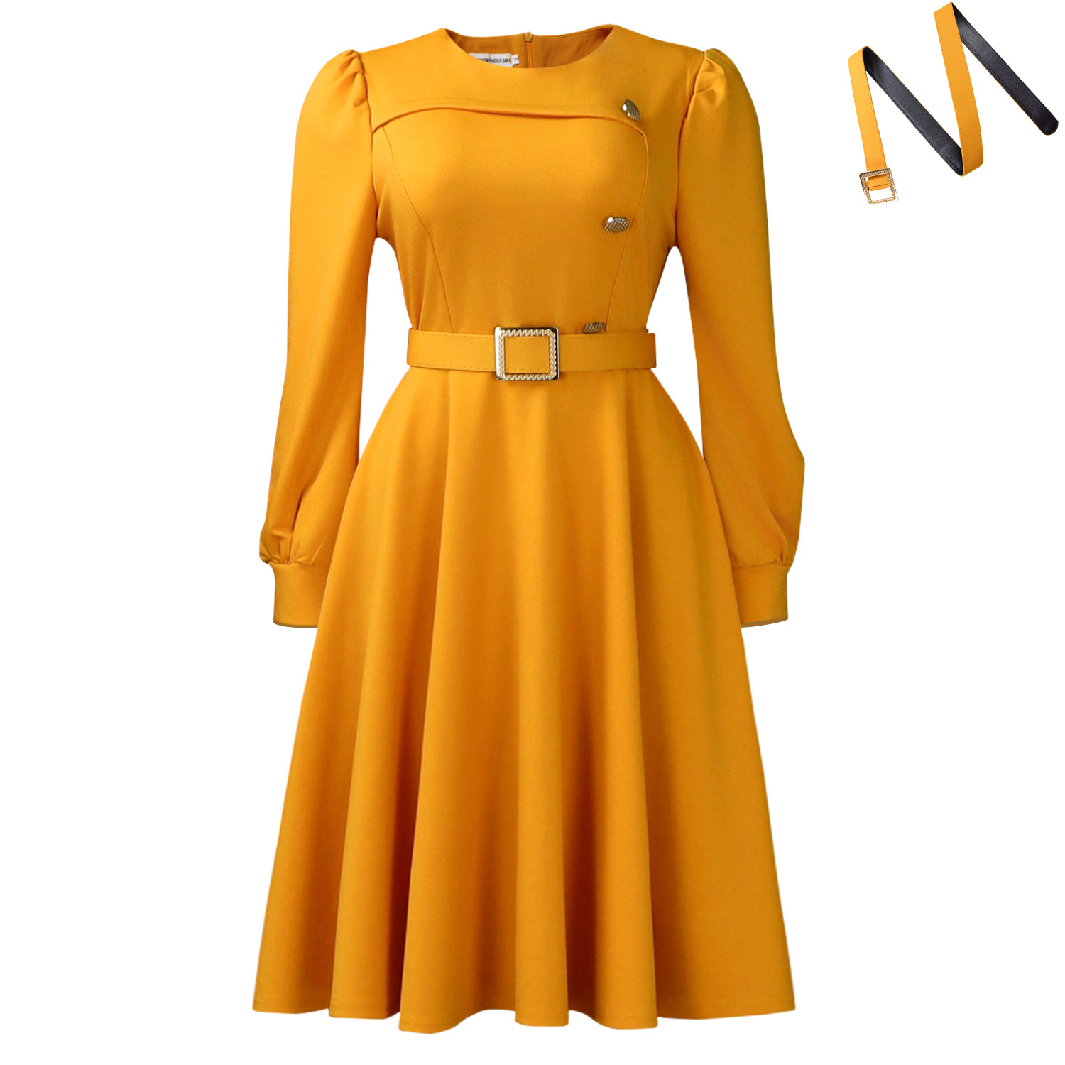 New Style Round Neck Long Sleeve High Waist A Line Dress Elegant Party Solid Color Foreign Trade African Dress