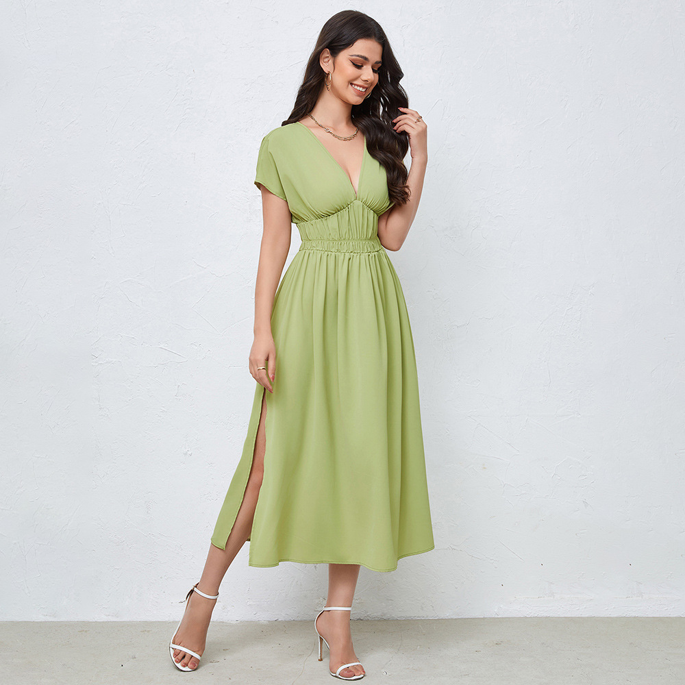 European and American Market Sexy V Neck Dress — Spring New Arrival, Backless, High Waist, Solid Color, A Line Skirt — Casual