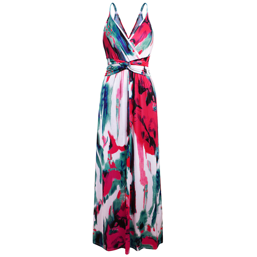 Womens Floral Print Maxi Dress V Neck Backless Sleeveless Summer Beachwear Wholesale Available