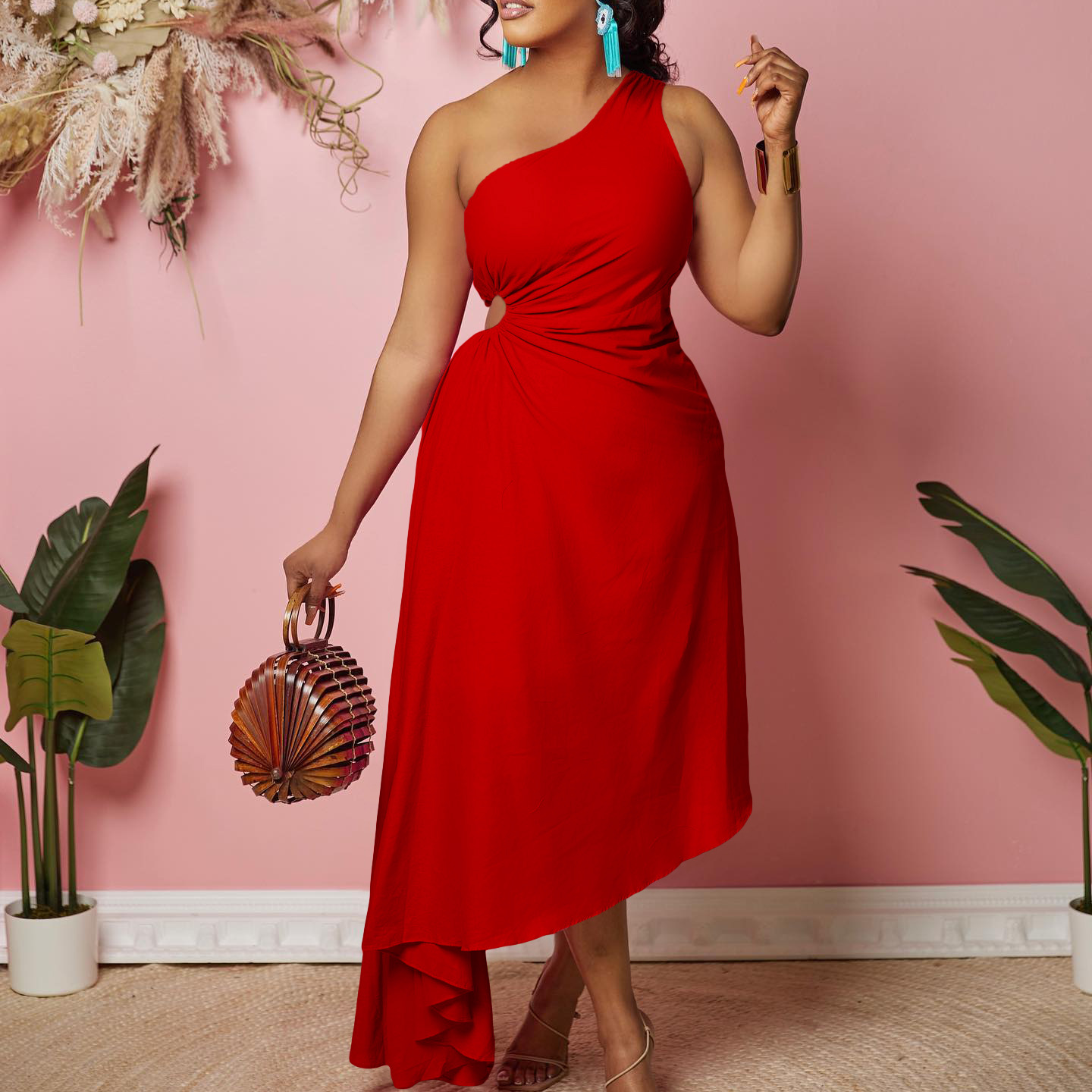 New Women's Plus Size Hollow Out Solid Color Irregular Hem One Shoulder Dress for Cross Border Fashion in Europe and America